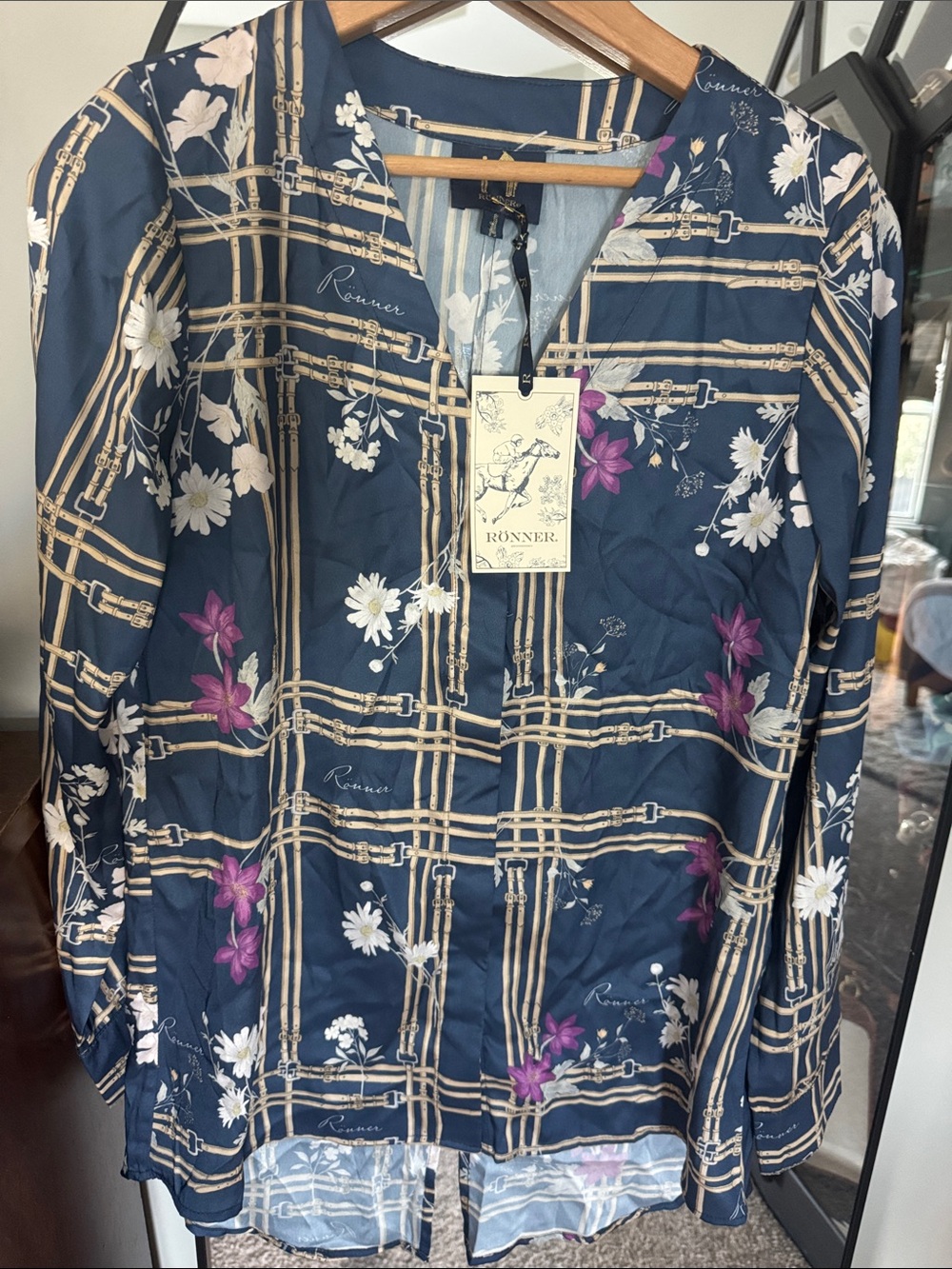 Navy Floral-Print Button-Down Equestrian Blouse
